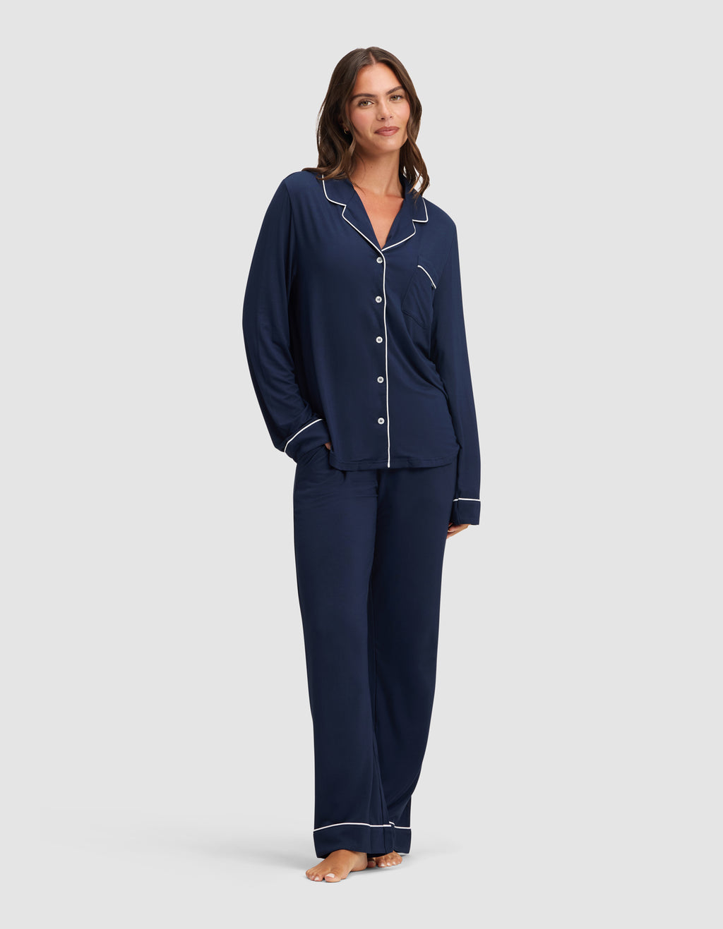 Women's Bamboo Stretch-Knit Long Sleeve Pajama Set by Cozy Earth — brand photography