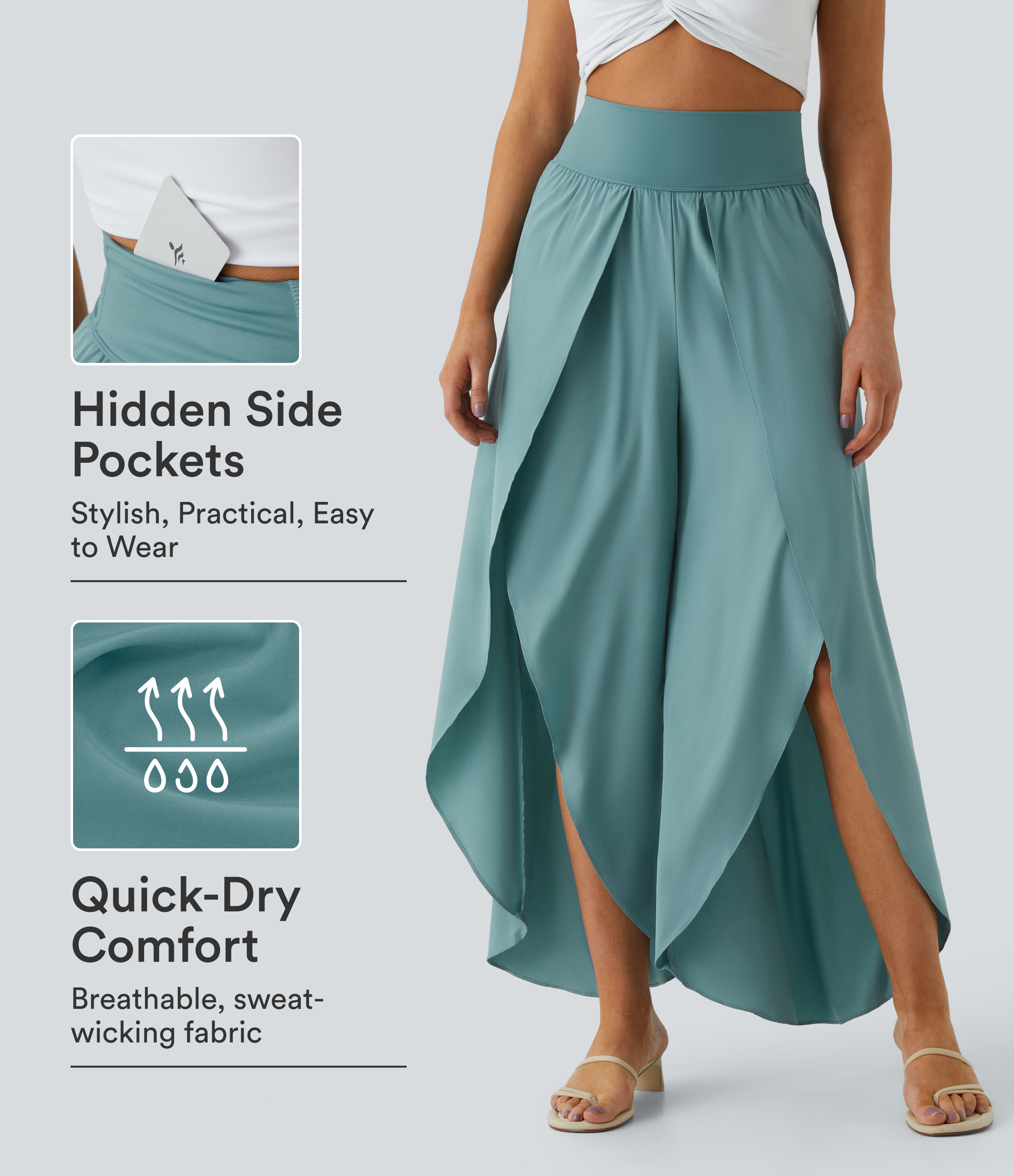 Breezeful™ High Waisted Back Waistband Pocket Palazzo Flowy Wide Leg Quick Dry Casual Pants by Halara — brand photography